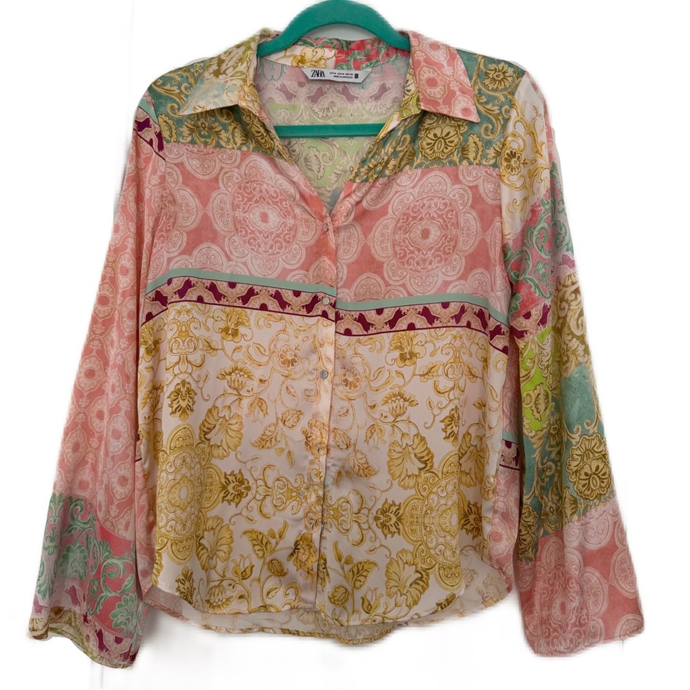 Zara Multicolor Patchwork Satin Button Down Blouse - image 1